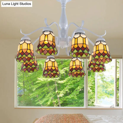 DecorBites™ DecorBites™ Mediterranean White Stained Glass Semi Flush Ceiling Mount Light - 6/8-Light Bell Design for Living Room