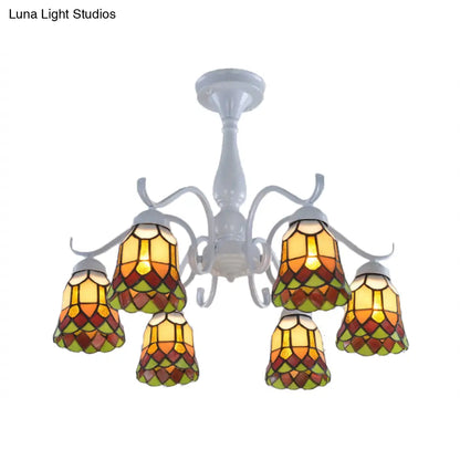 DecorBites™ DecorBites™ Mediterranean White Stained Glass Semi Flush Ceiling Mount Light - 6/8-Light Bell Design for Living Room
