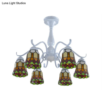 DecorBites™ DecorBites™ Mediterranean White Stained Glass Semi Flush Ceiling Mount Light - 6/8-Light Bell Design for Living Room