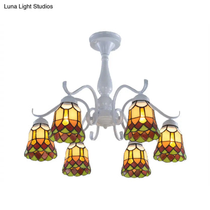 DecorBites™ DecorBites™ Mediterranean White Stained Glass Semi Flush Ceiling Mount Light - 6/8-Light Bell Design for Living Room