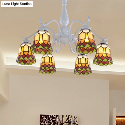 DecorBites™ DecorBites™ Mediterranean White Stained Glass Semi Flush Ceiling Mount Light - 6/8-Light Bell Design for Living Room