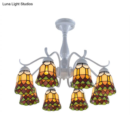 DecorBites™ DecorBites™ Mediterranean White Stained Glass Semi Flush Ceiling Mount Light - 6/8-Light Bell Design for Living Room