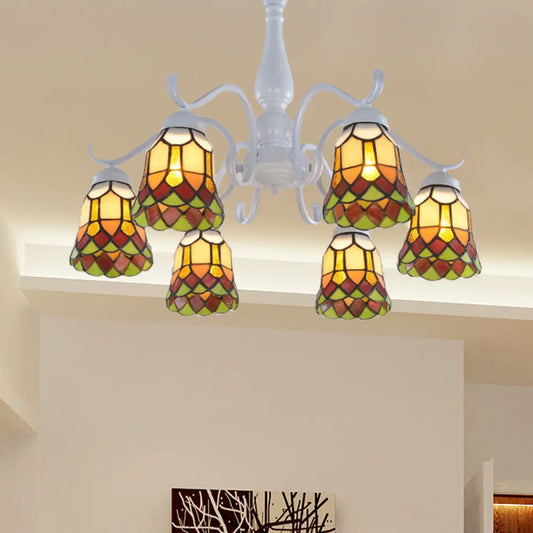 DecorBites™ DecorBites™ Mediterranean White Stained Glass Semi Flush Ceiling Mount Light - 6/8-Light Bell Design for Living Room