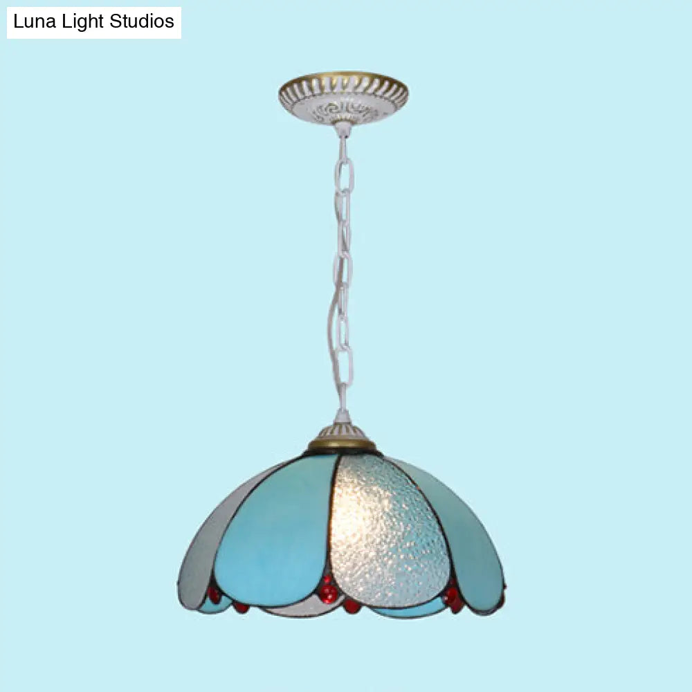 Mediterranean Wide Flare Pendant Lamp – Cut Glass, 1 Head, Adjustable Chain – White/Blue/Bronze Hanging Light Fixture