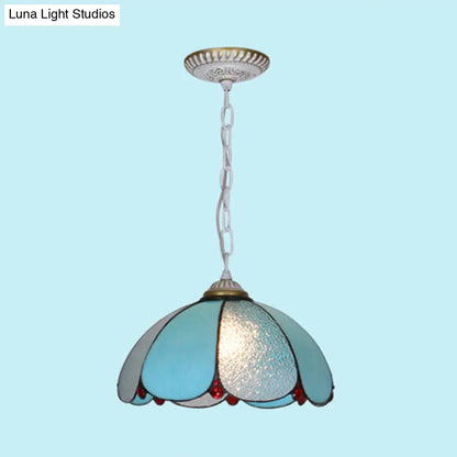 Mediterranean Wide Flare Pendant Lamp – Cut Glass, 1 Head, Adjustable Chain – White/Blue/Bronze Hanging Light Fixture