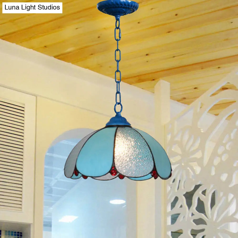 Mediterranean Wide Flare Pendant Lamp – Cut Glass, 1 Head, Adjustable Chain – White/Blue/Bronze Hanging Light Fixture