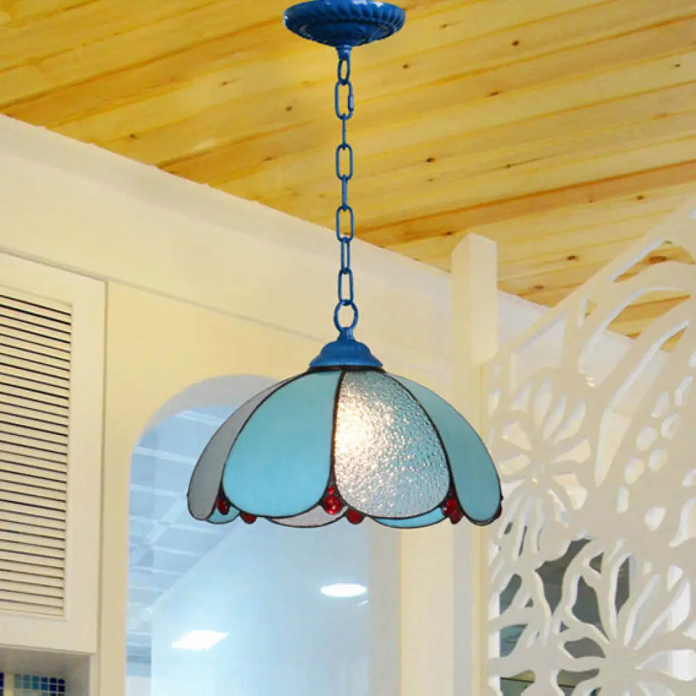 Mediterranean Wide Flare Pendant Lamp – Cut Glass, 1 Head, Adjustable Chain – White/Blue/Bronze Hanging Light Fixture