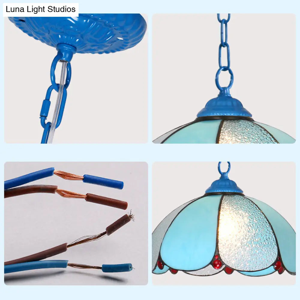 Mediterranean Wide Flare Pendant Lamp – Cut Glass, 1 Head, Adjustable Chain – White/Blue/Bronze Hanging Light Fixture