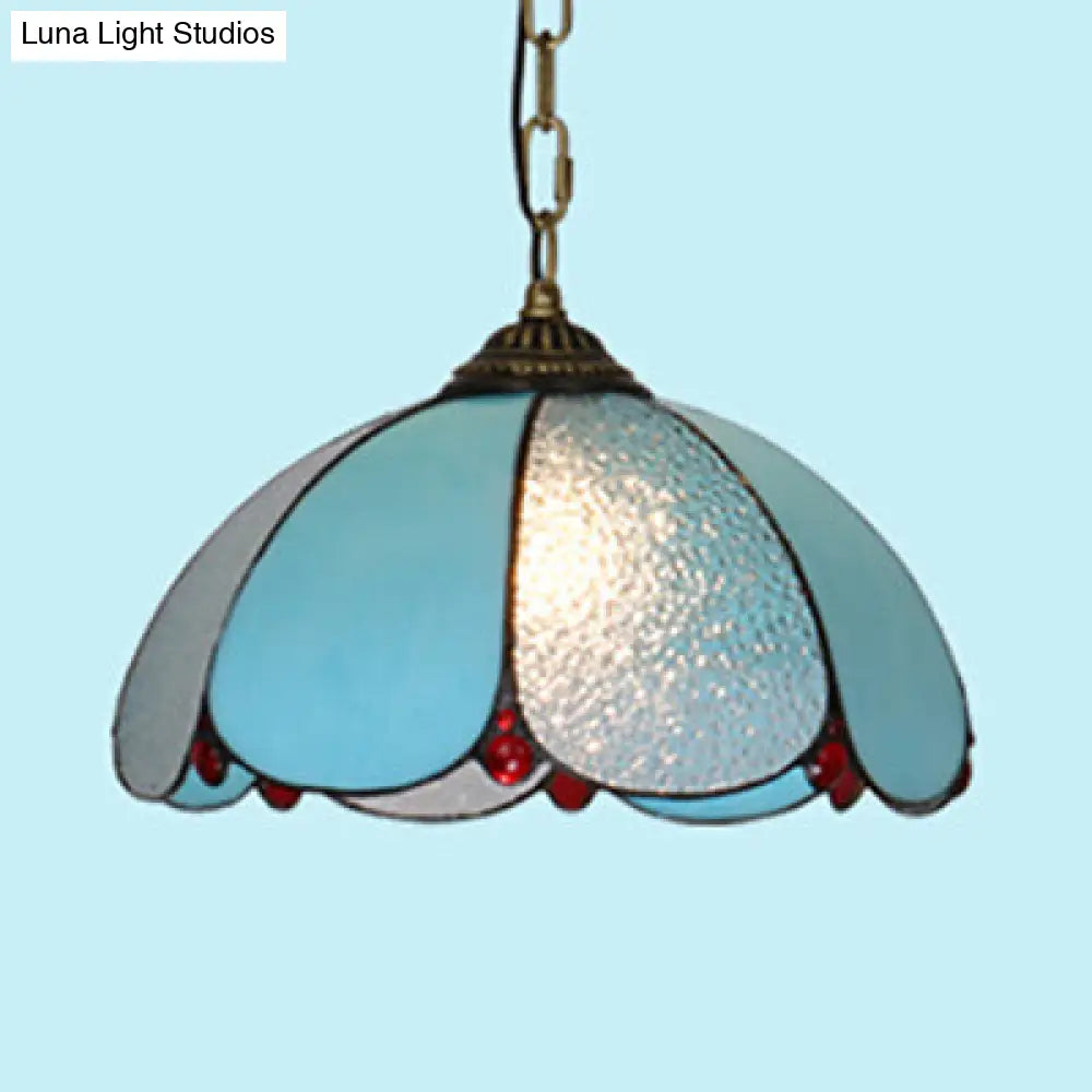 Mediterranean Wide Flare Pendant Lamp – Cut Glass, 1 Head, Adjustable Chain – White/Blue/Bronze Hanging Light Fixture