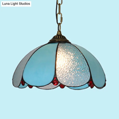 Mediterranean Wide Flare Pendant Lamp – Cut Glass, 1 Head, Adjustable Chain – White/Blue/Bronze Hanging Light Fixture