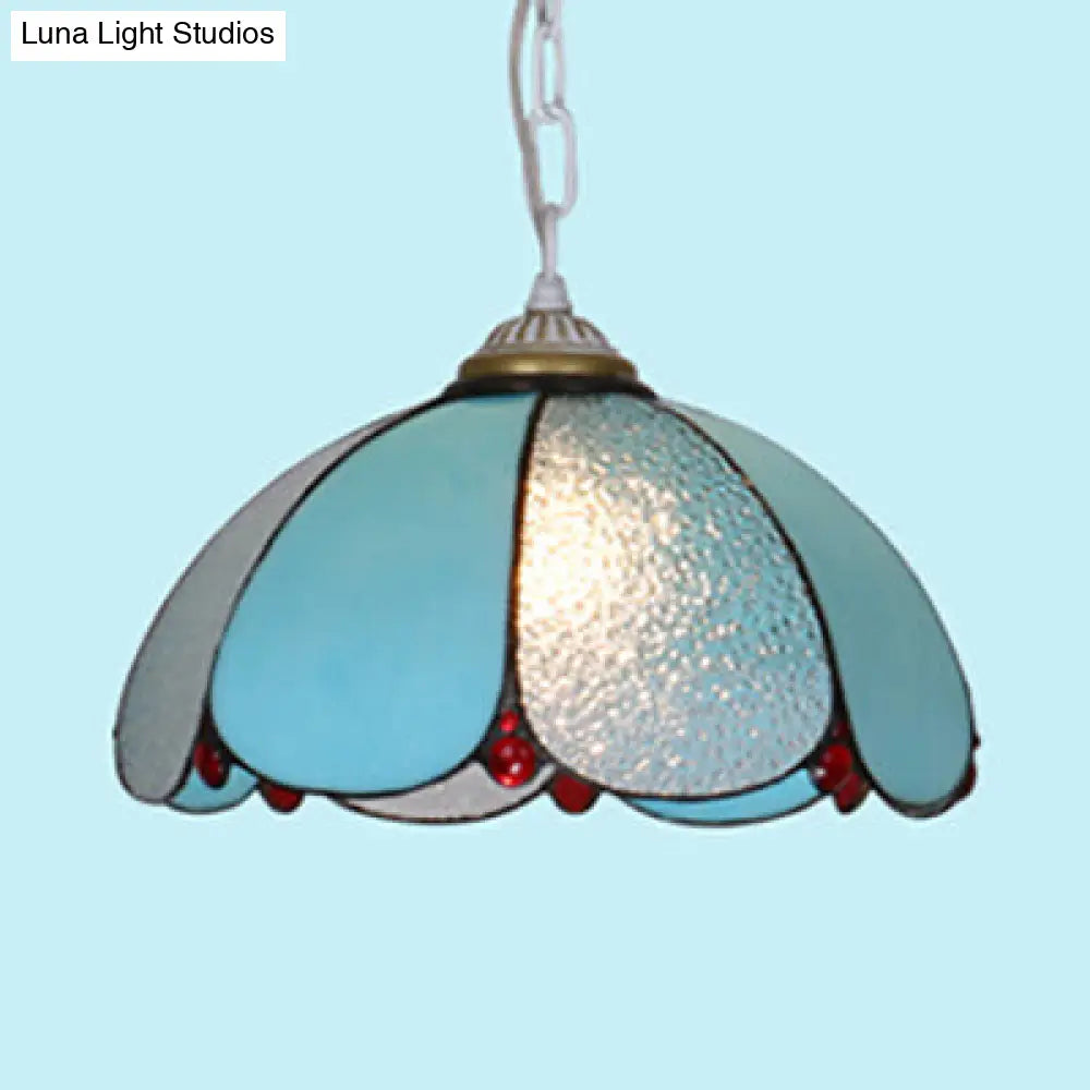 Mediterranean Wide Flare Pendant Lamp – Cut Glass, 1 Head, Adjustable Chain – White/Blue/Bronze Hanging Light Fixture