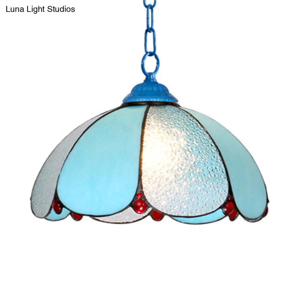 Mediterranean Wide Flare Pendant Lamp – Cut Glass, 1 Head, Adjustable Chain – White/Blue/Bronze Hanging Light Fixture