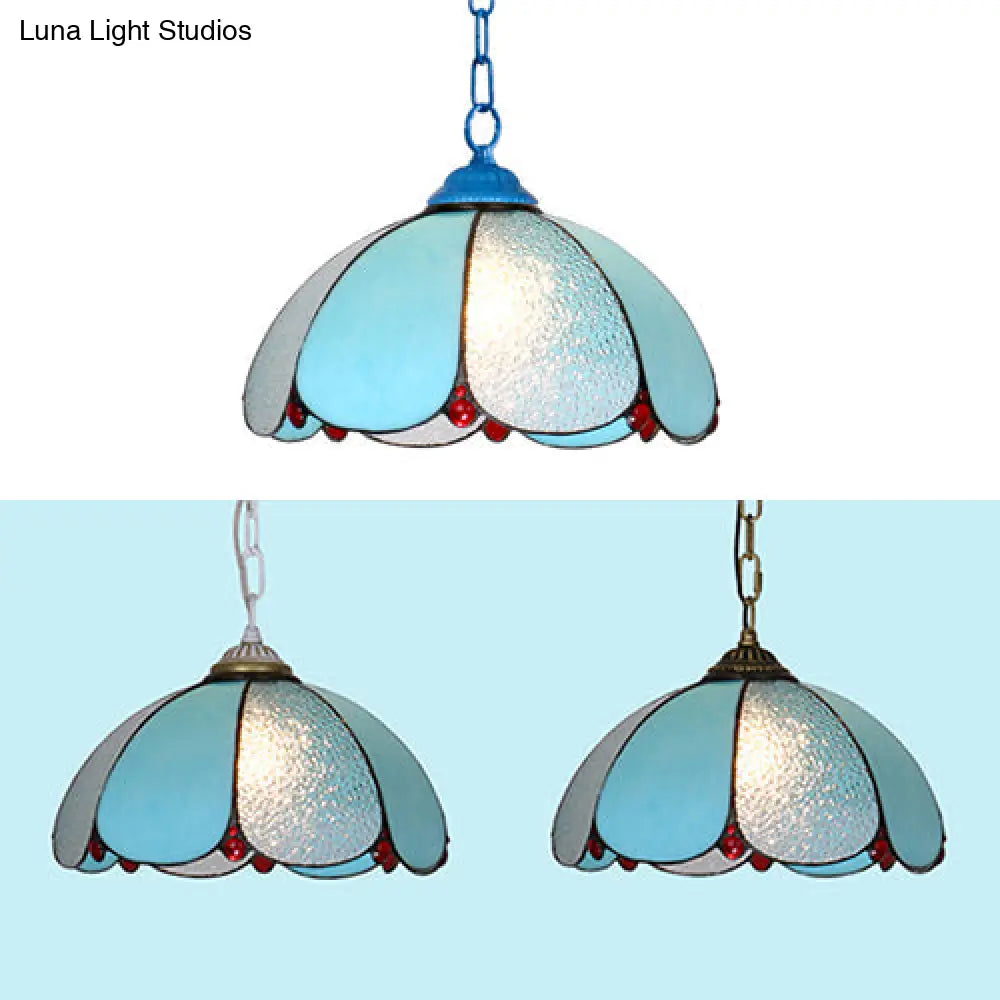 Mediterranean Wide Flare Pendant Lamp – Cut Glass, 1 Head, Adjustable Chain – White/Blue/Bronze Hanging Light Fixture