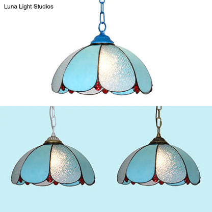 Mediterranean Wide Flare Pendant Lamp – Cut Glass, 1 Head, Adjustable Chain – White/Blue/Bronze Hanging Light Fixture