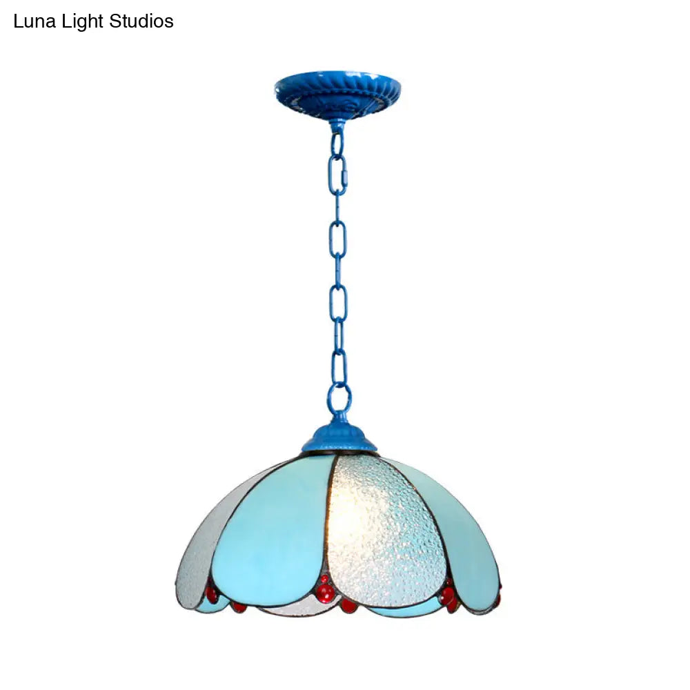 Mediterranean Wide Flare Pendant Lamp – Cut Glass, 1 Head, Adjustable Chain – White/Blue/Bronze Hanging Light Fixture