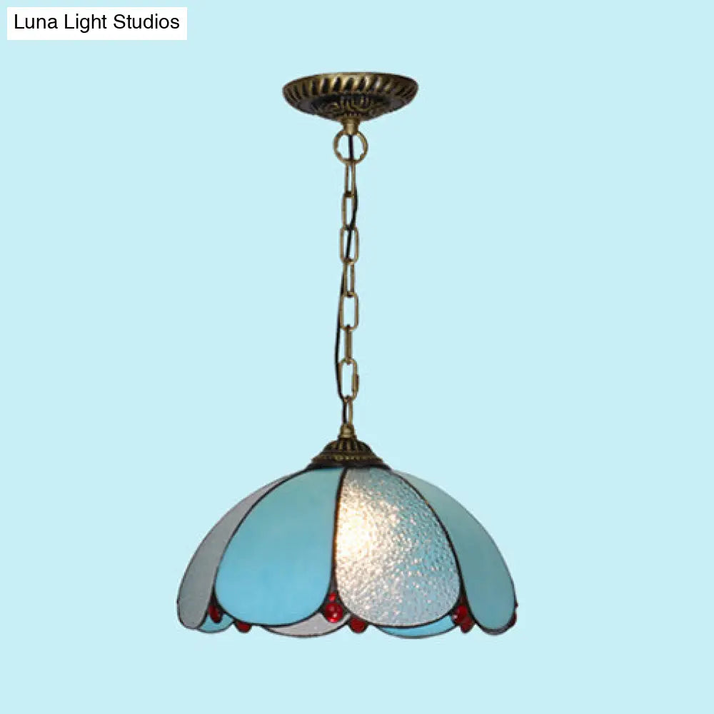 Mediterranean Wide Flare Pendant Lamp – Cut Glass, 1 Head, Adjustable Chain – White/Blue/Bronze Hanging Light Fixture