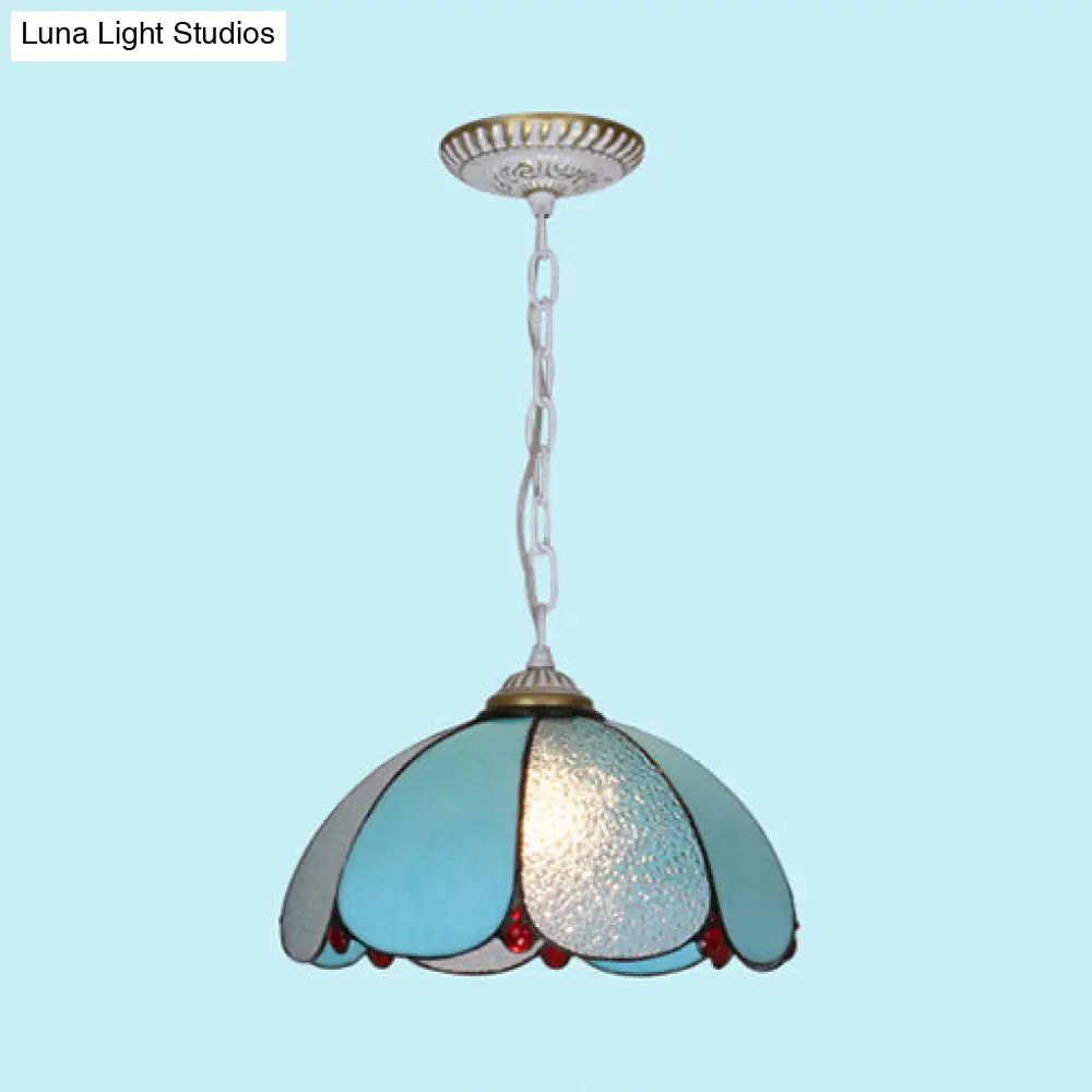 Mediterranean Wide Flare Pendant Lamp – Cut Glass, 1 Head, Adjustable Chain – White/Blue/Bronze Hanging Light Fixture