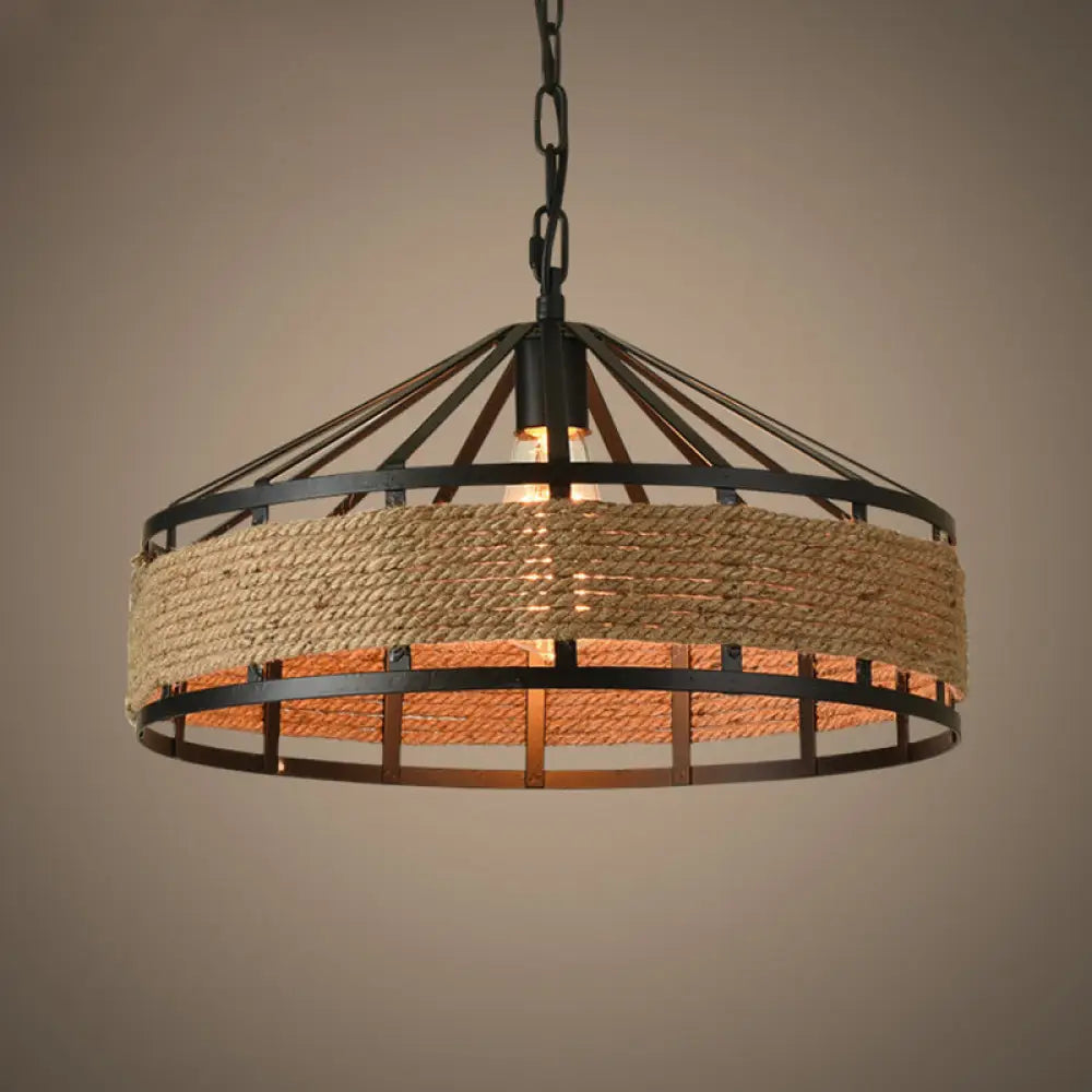 Metal Barn Hanging Ceiling Light: Antiqued 1 Bulb Pendant with Jute Rope Drop, Black - Perfect for Restaurants