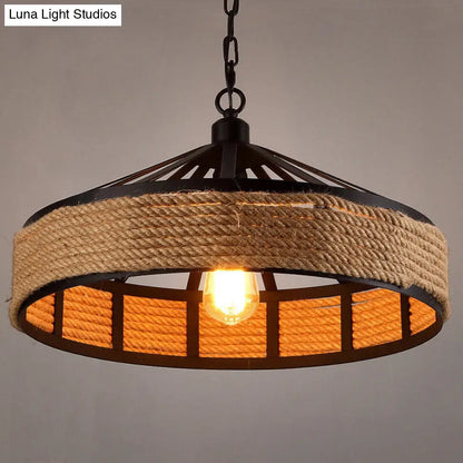 Metal Barn Hanging Ceiling Light: Antiqued 1 Bulb Pendant with Jute Rope Drop, Black - Perfect for Restaurants