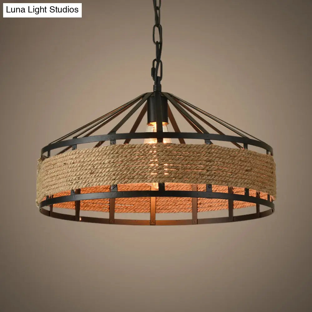 Metal Barn Hanging Ceiling Light: Antiqued 1 Bulb Pendant with Jute Rope Drop, Black - Perfect for Restaurants