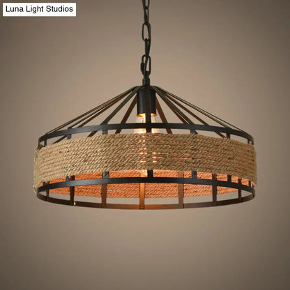 Metal Barn Hanging Ceiling Light: Antiqued 1 Bulb Pendant with Jute Rope Drop, Black - Perfect for Restaurants