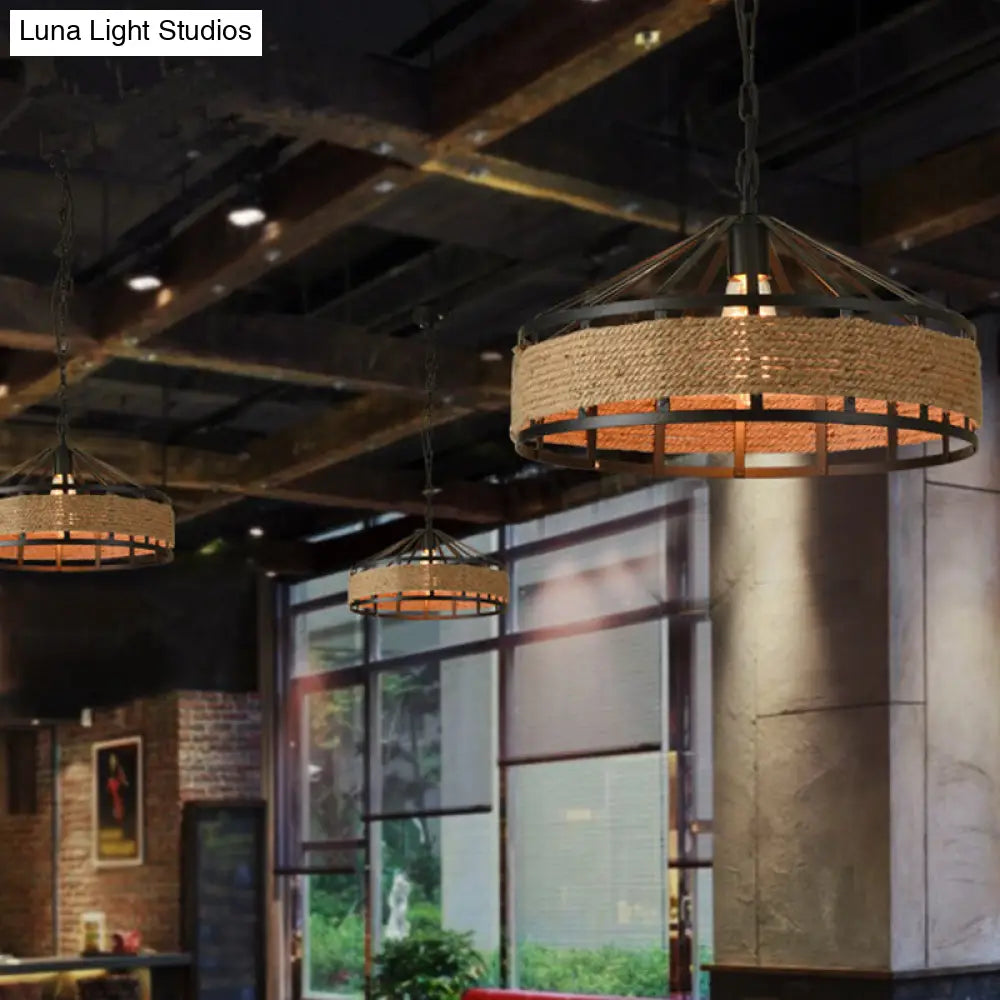 Metal Barn Hanging Ceiling Light: Antiqued 1 Bulb Pendant with Jute Rope Drop, Black - Perfect for Restaurants