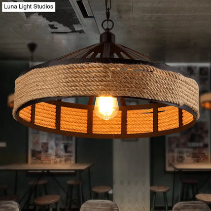 Metal Barn Hanging Ceiling Light: Antiqued 1 Bulb Pendant with Jute Rope Drop, Black - Perfect for Restaurants