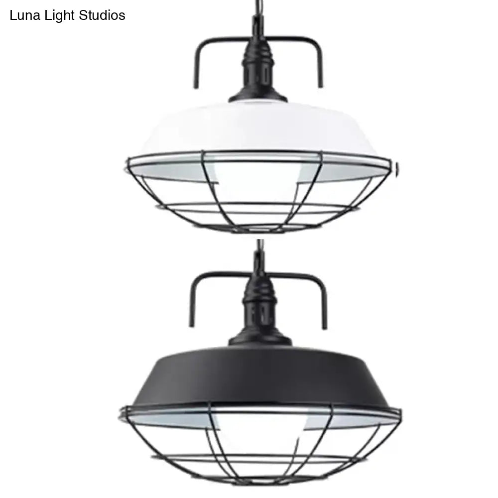 Metal Barn Pendant Light Fixture - Industrial Living Room Hanging Lamp - 1 Light - 14"/18" W - Cage Design - Black/White