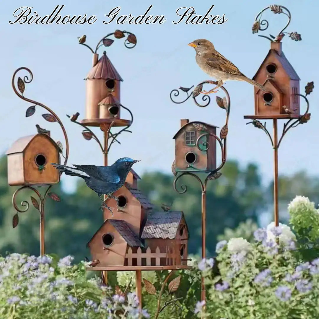Metal Birdhouse Garden Stakes for Outdoor Decor