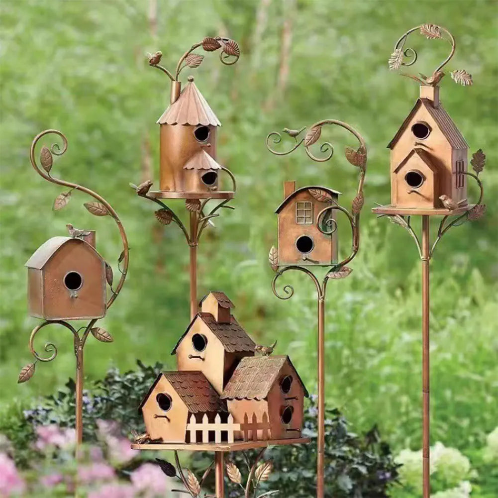 Metal Birdhouse Garden Stakes for Outdoor Decor