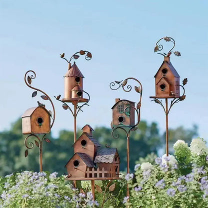 Metal Birdhouse Garden Stakes for Outdoor Decor