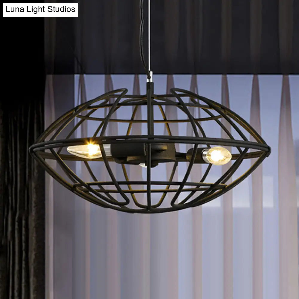 Metal Black Chandelier Light with UFO Wire Cage - 3 Bulbs - Restaurant Suspension Lighting