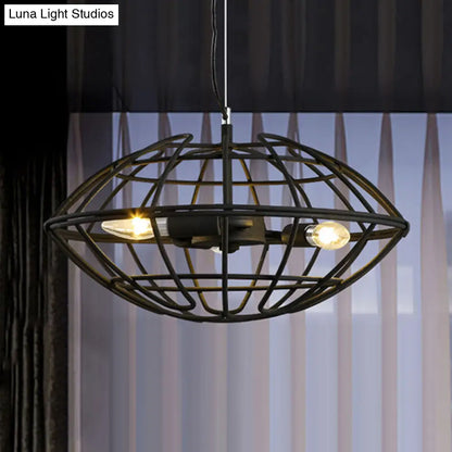 Metal Black Chandelier Light with UFO Wire Cage - 3 Bulbs - Restaurant Suspension Lighting