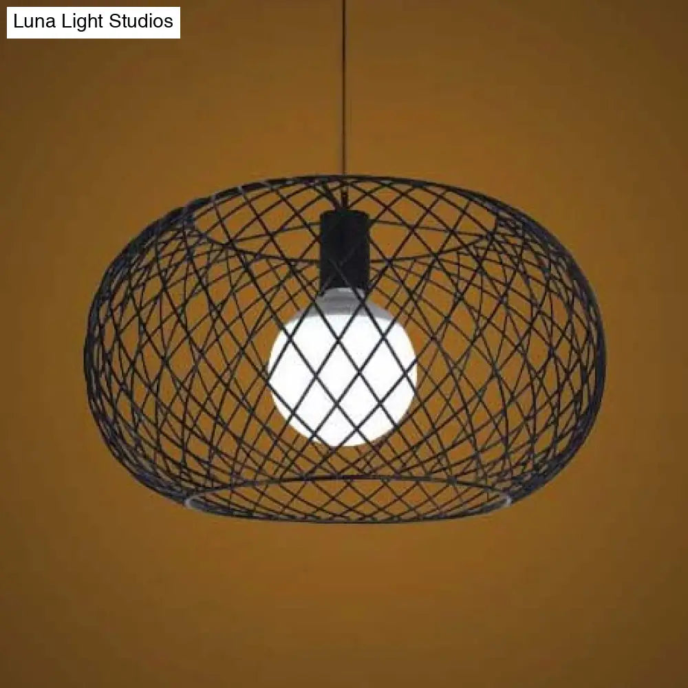 Metal Black Finish Pendant Lamp with Mesh Cage - Industrial Loft Suspension Light