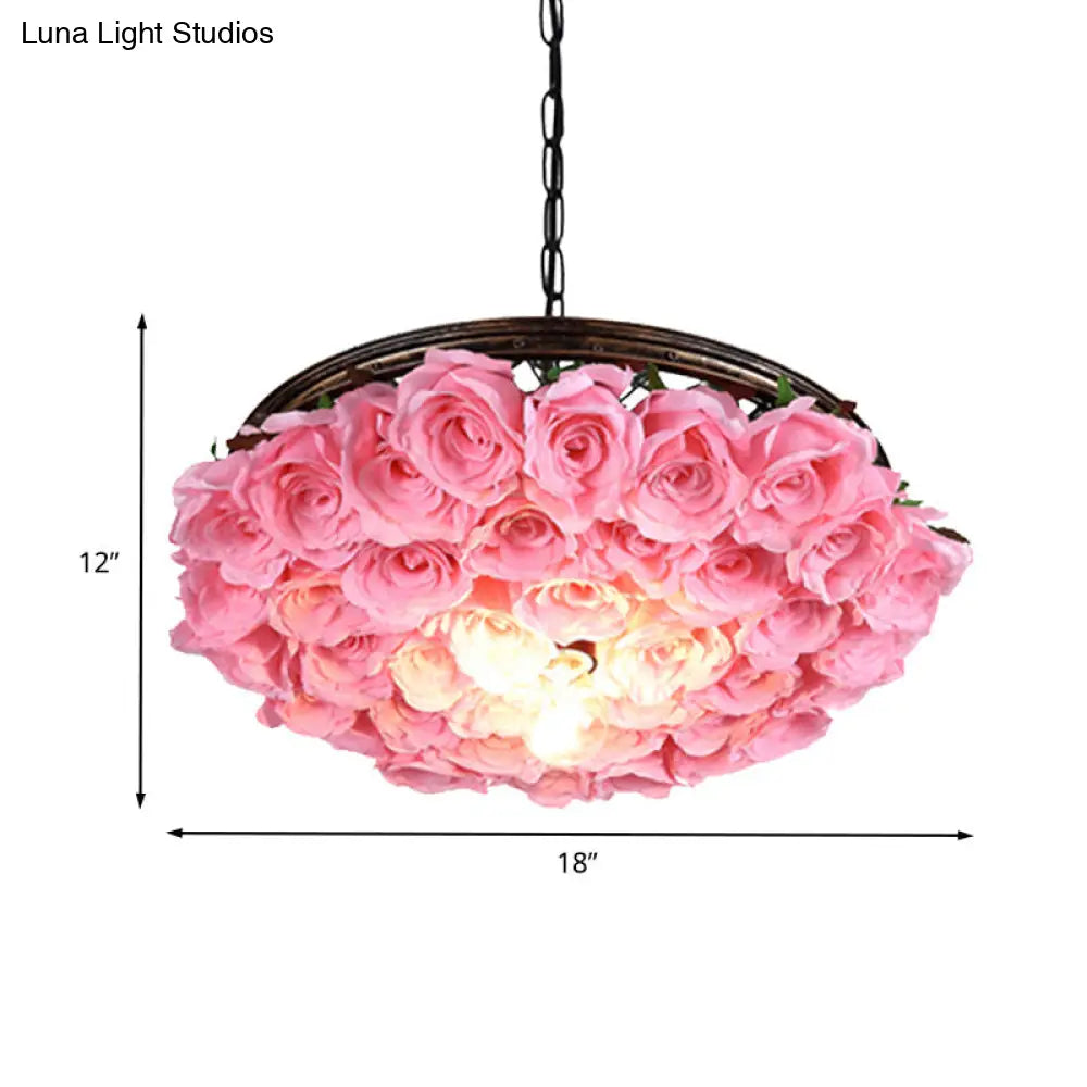 Metal Brass Ceiling Lamp - Round Industrial LED Pendant Light Fixture with Rose Decoration - 13", 18", 21.5" Options