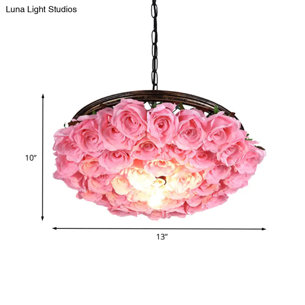 Metal Brass Ceiling Lamp - Round Industrial LED Pendant Light Fixture with Rose Decoration - 13", 18", 21.5" Options