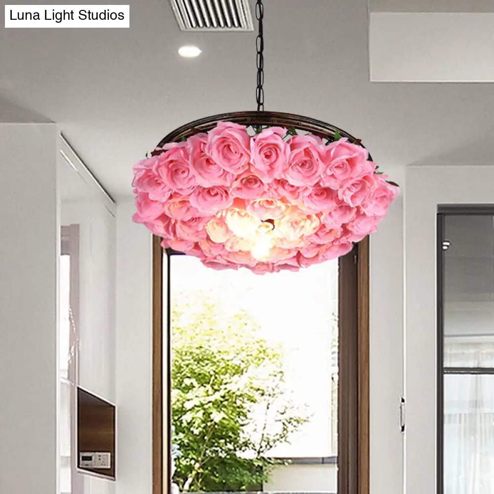 Metal Brass Ceiling Lamp - Round Industrial LED Pendant Light Fixture with Rose Decoration - 13", 18", 21.5" Options