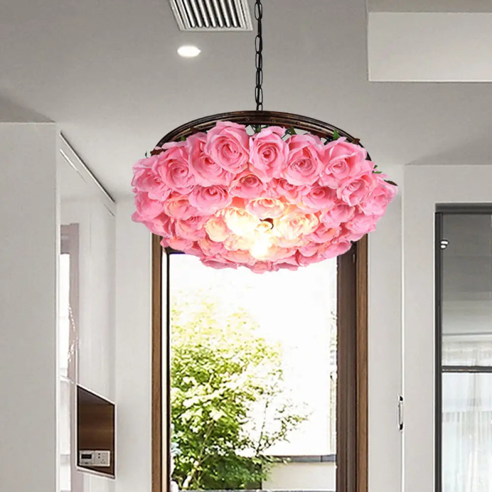 Metal Brass Ceiling Lamp - Round Industrial LED Pendant Light Fixture with Rose Decoration - 13", 18", 21.5" Options