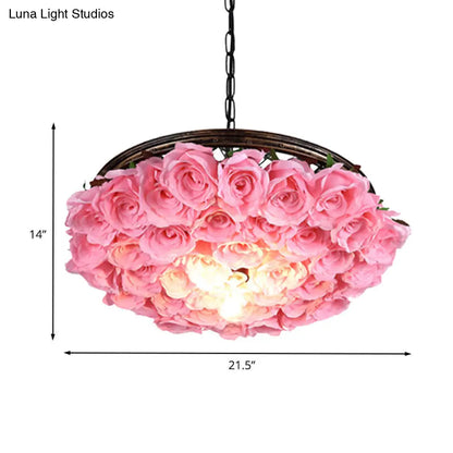 Metal Brass Ceiling Lamp - Round Industrial LED Pendant Light Fixture with Rose Decoration - 13", 18", 21.5" Options