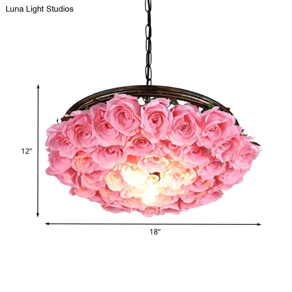 Metal Brass Ceiling Lamp - Round Industrial LED Pendant Light Fixture with Rose Decoration - 13", 18", 21.5" Options