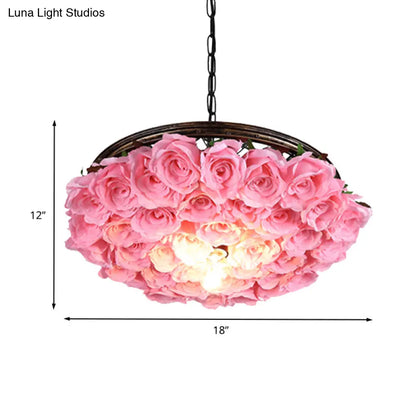 Metal Brass Ceiling Lamp - Round Industrial LED Pendant Light Fixture with Rose Decoration - 13", 18", 21.5" Options