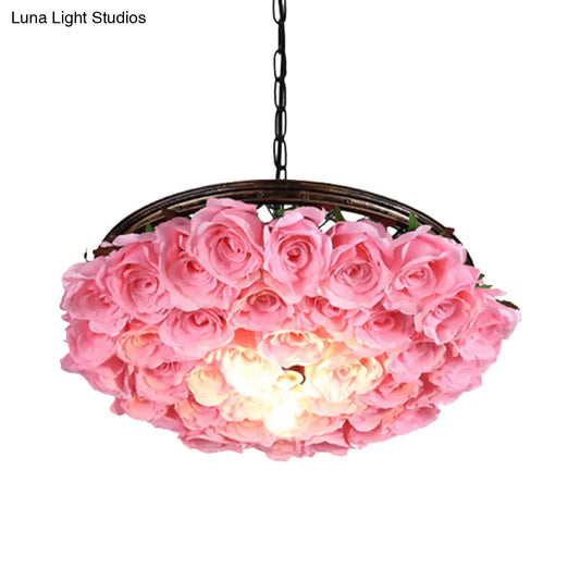 Metal Brass Ceiling Lamp - Round Industrial LED Pendant Light Fixture with Rose Decoration - 13", 18", 21.5" Options