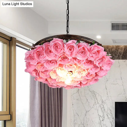 Metal Brass Ceiling Lamp - Round Industrial LED Pendant Light Fixture with Rose Decoration - 13", 18", 21.5" Options