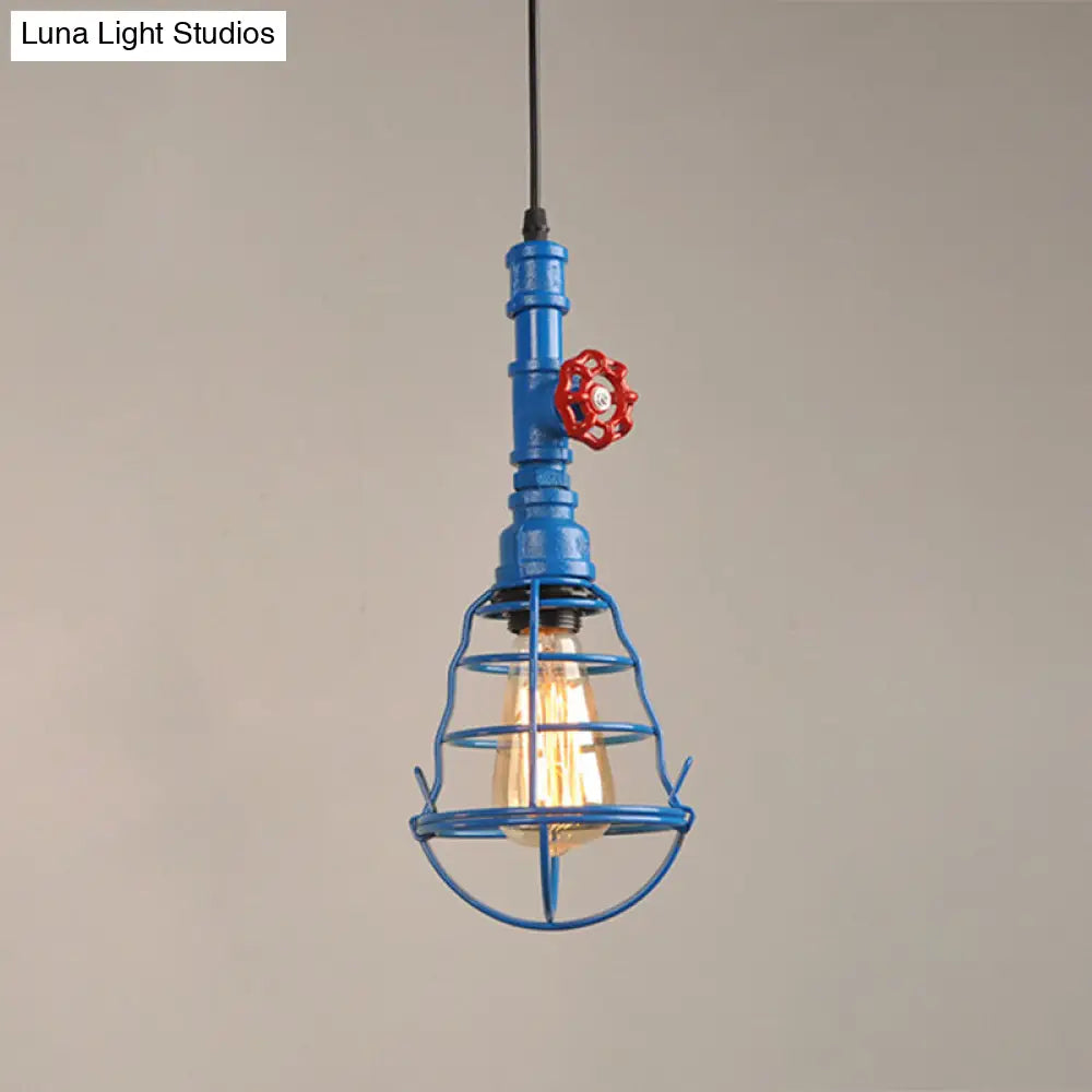 Metal Cage Pendant Light with Red Valve Deco – Industrial Single Bulb Suspension Fixture