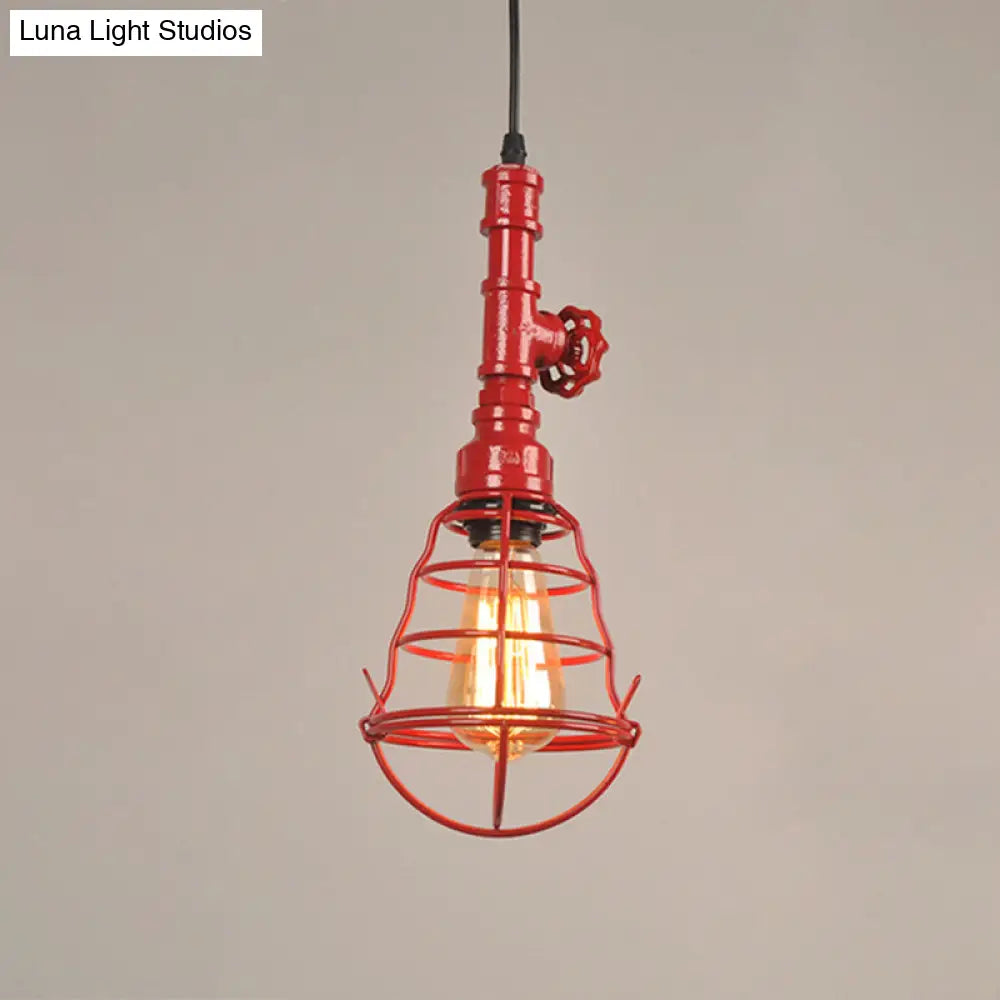 Metal Cage Pendant Light with Red Valve Deco – Industrial Single Bulb Suspension Fixture