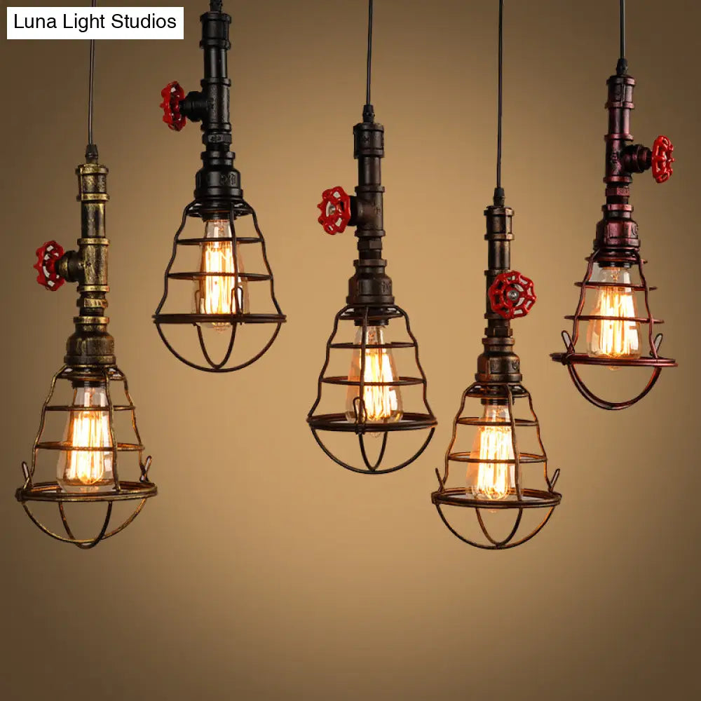 Metal Cage Pendant Light with Red Valve Deco – Industrial Single Bulb Suspension Fixture