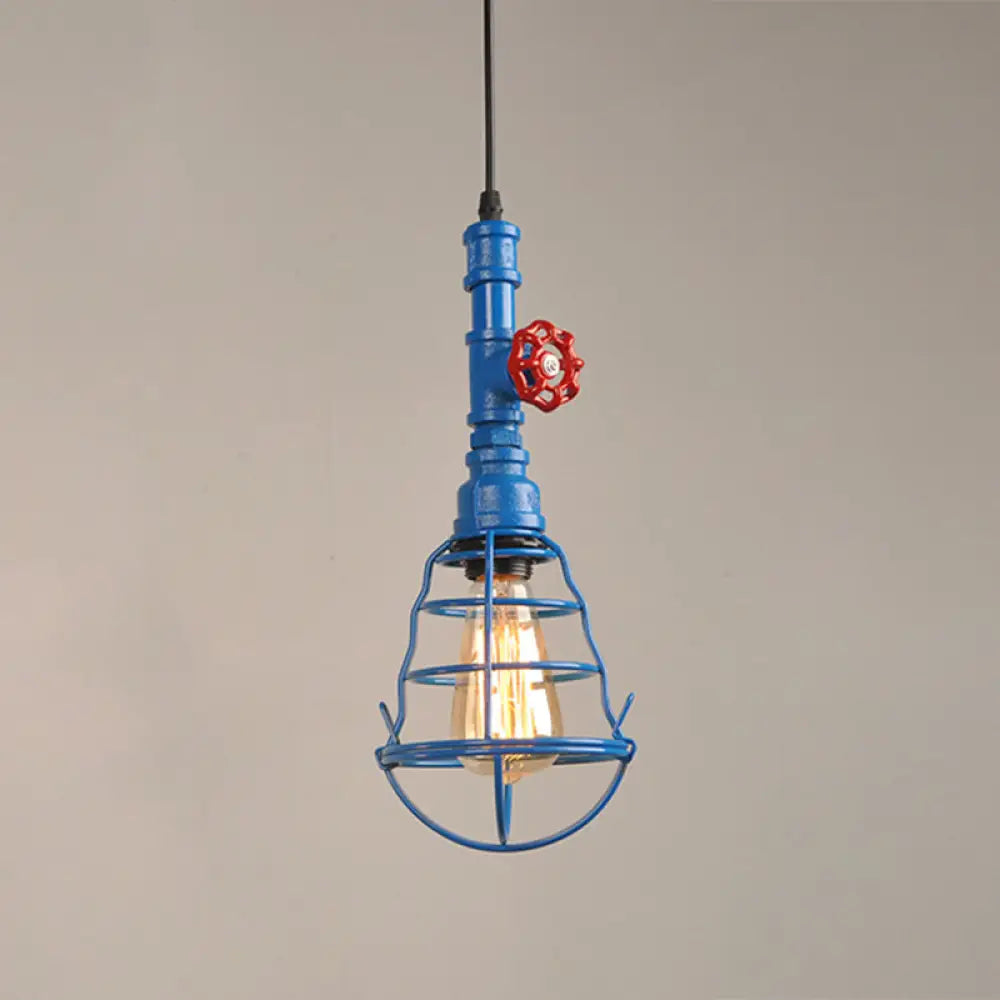 Metal Cage Pendant Light with Red Valve Deco – Industrial Single Bulb Suspension Fixture