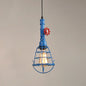 Metal Cage Pendant Light with Red Valve Deco – Industrial Single Bulb Suspension Fixture