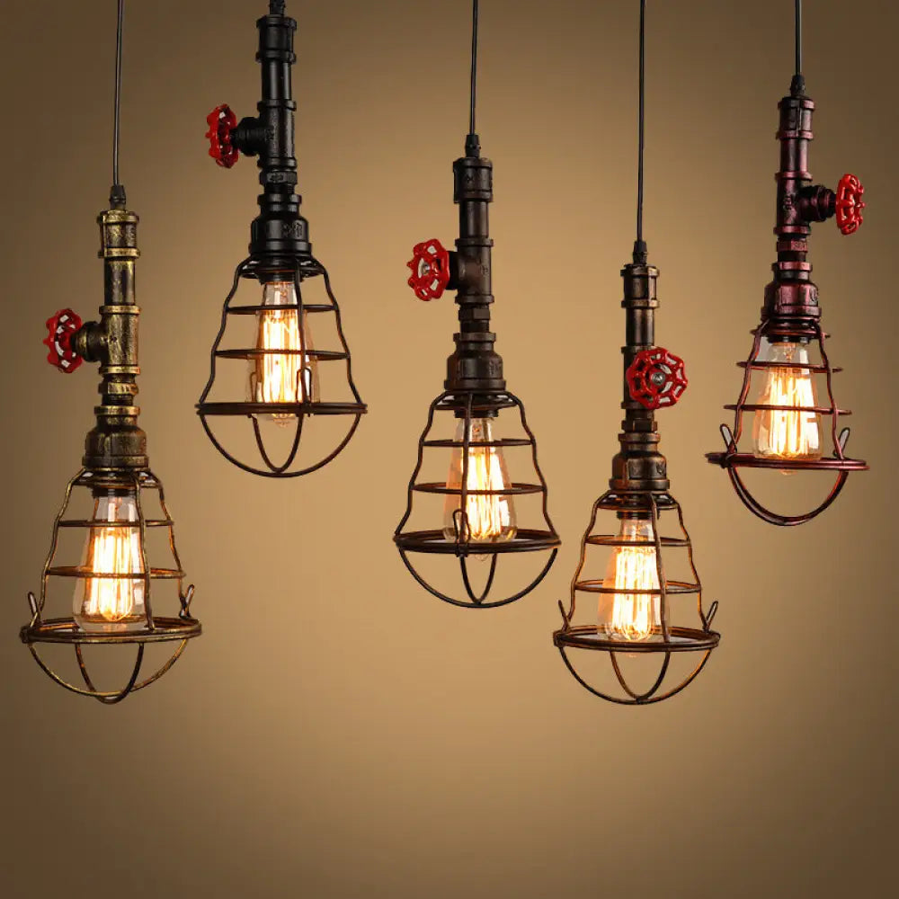 Metal Cage Pendant Light with Red Valve Deco – Industrial Single Bulb Suspension Fixture