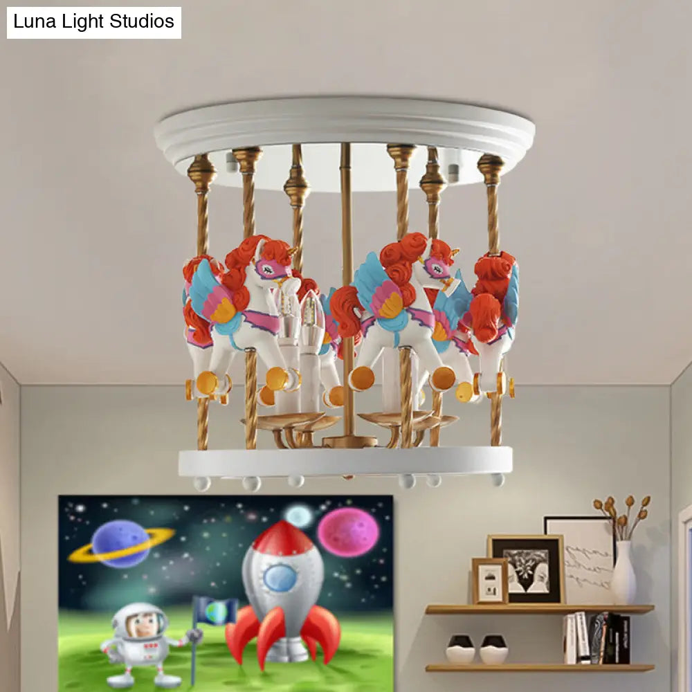 DecorBites™ DecorBites™ Metal Carousel Semi Flush Cartoon Flush Mount Lighting Fixture for Children's Room - 4-Bulb Red/Pink/Yellow